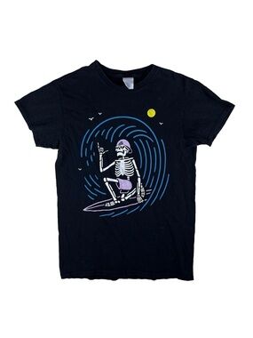 Skeleton On Wave Hipster California Surfing Surfer Small Black Tshirt Vibe Surf